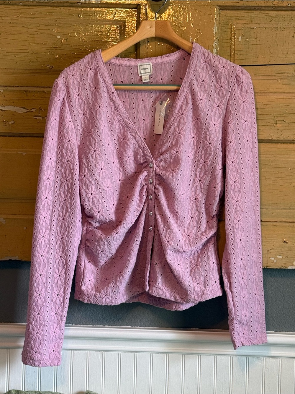 Anthropologie Lavender Crochet Twist-Front Long Sleeve Top
